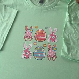 Gildan Unisex Mint Green Short Sleeve Tee with Easter Bunny & Striped Eggs